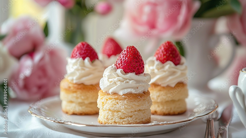 A white plate holds three cupcakes, each covered in frosting and crowned with a strawberry It rests atop a table A white plate holds three cupcakes, each covered in frosting and crowned with a strawberry It rests atop a table