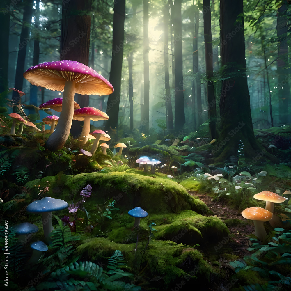 Fototapeta premium An enchanted forest with mystical creatures like fairies and unicorns, surrounded by glowing mushrooms and magical plants. 