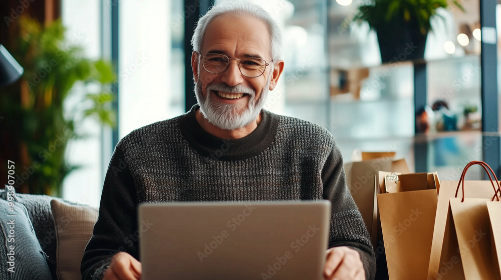 Senior man using a laptop while sitting comfortably in a cozy living room filled with plants Senior man using a laptop while sitting comfortably in a cozy living room filled with plants