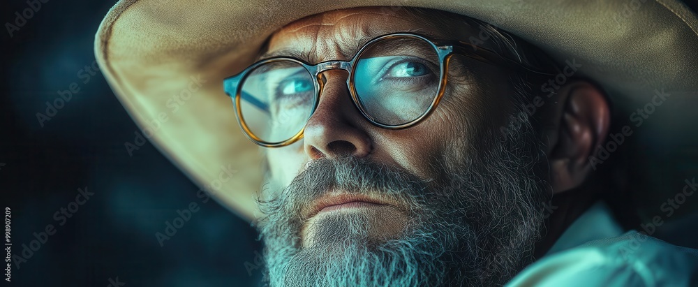 bearded man in glasses and a widebrimmed hat gazes contemplatively into the distance framed by a backdrop of soft muted colors evoking a sense of wisdom and introspection bearded man in glasses and a widebrimmed hat gazes contemplatively into the distance framed by a backdrop of soft muted colors evoking a sense of wisdom and introspection