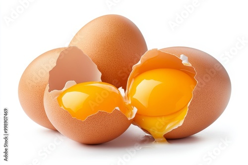 Fresh chicken eggs with a cracked eggshell revealing the yolk on a white background