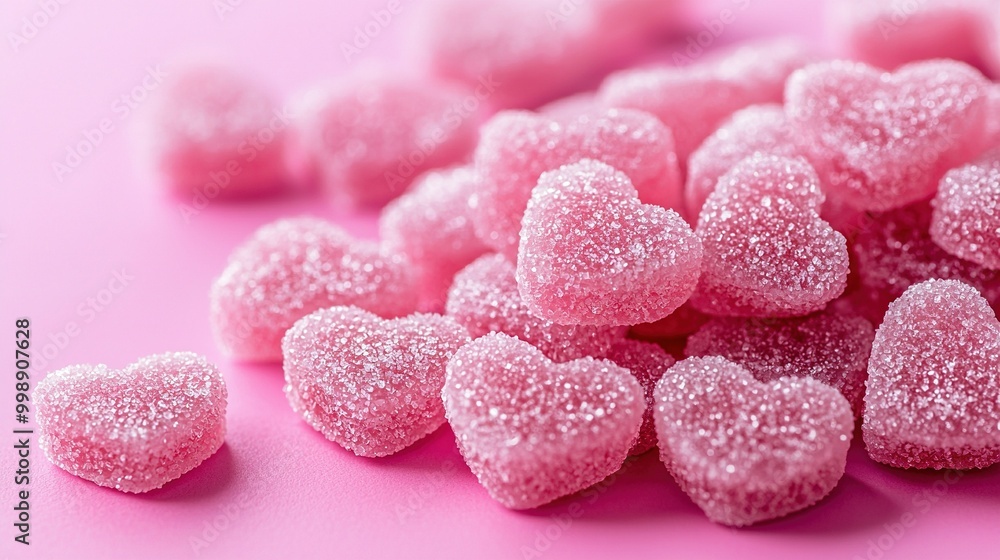 Pink candies on pink background with close-up of a few in foreground Pink candies on pink background with close-up of a few in foreground