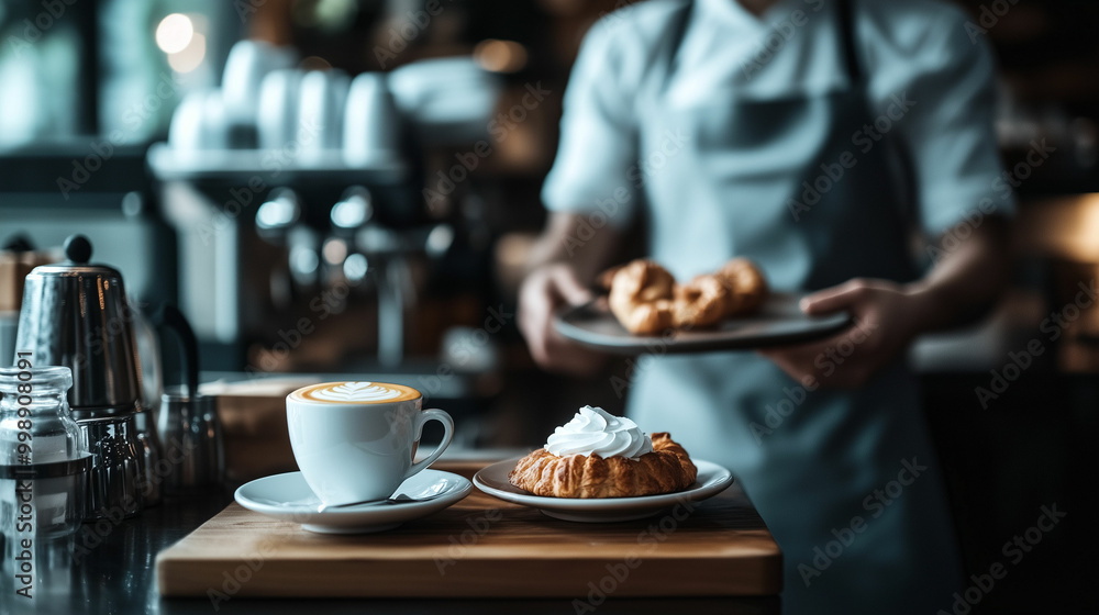 Enjoying a fresh pastry and cappuccino at a cozy café in the early morning hours Enjoying a fresh pastry and cappuccino at a cozy café in the early morning hours