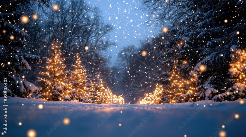 Naklejka premium Snowy Forest Pathway Lined with Illuminated Evergreens