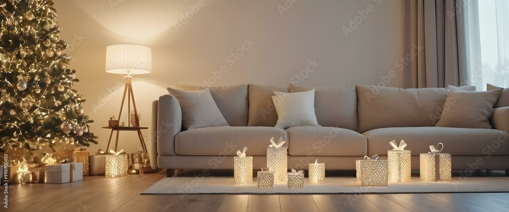 Light modern living room with Christmas decor. New year decorations. AI generated Light modern living room with Christmas decor. New year decorations. AI generated