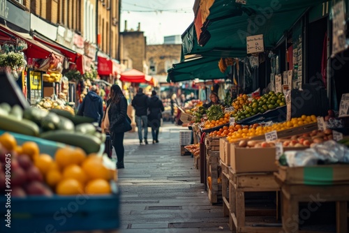 A vibrant street market filled with fresh fruits and vegetables. Colorful stalls line the pathway. People enjoy shopping in this lively atmosphere. Generative AI photo