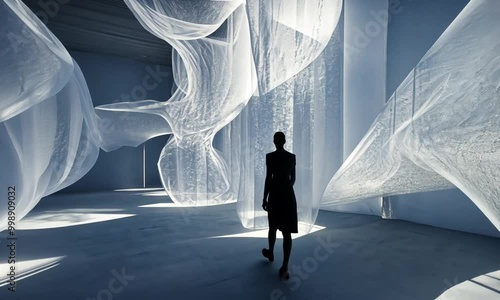 Woman Walking Through  A Large Glass Installation