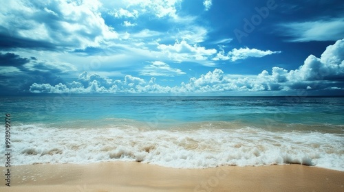 Blue Ocean Waves Crashing on Sandy Beach Under a Cloudy Sky