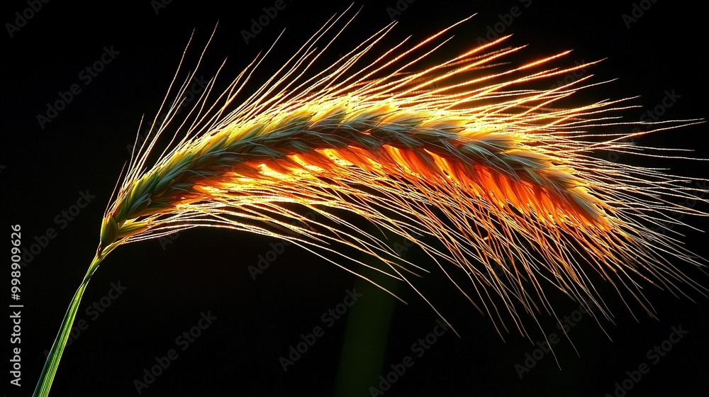 A plant's stem showcases bright yellow and orange light, captured in a close-up against a dark backdrop A plant's stem showcases bright yellow and orange light, captured in a close-up against a dark backdrop