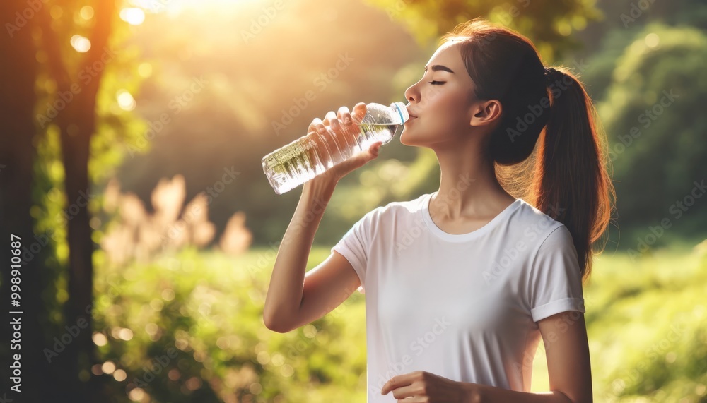 Young Woman Drinking Water Outdoors with Sunlight