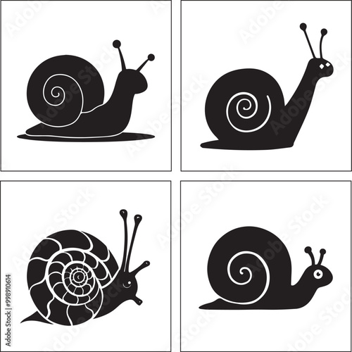 A black and white snail silhouette design set