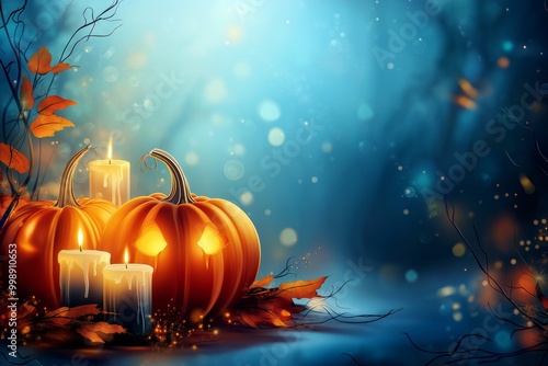 Spooky halloween illustration featuring pumpkins and candles against a haunted bokeh backdrop