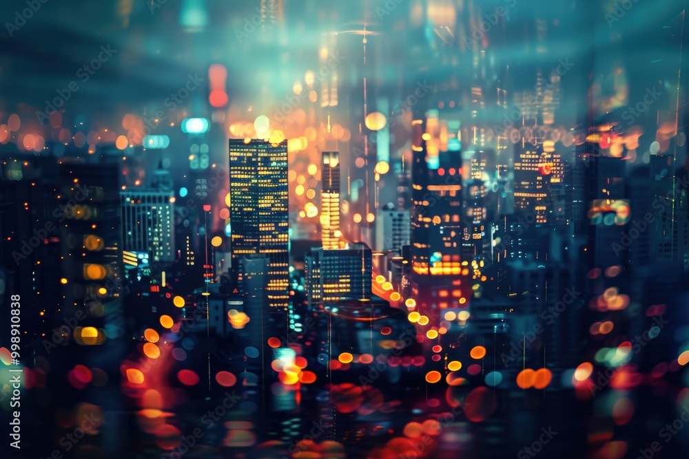 Obraz premium A cityscape with a lot of lights and a blurry background, generative ai image