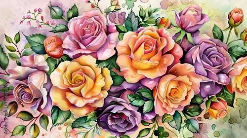 Watercolor Bouquet of Roses A Vivid Display of Colorful Blooms, watercolor , rose bouquet , floral art