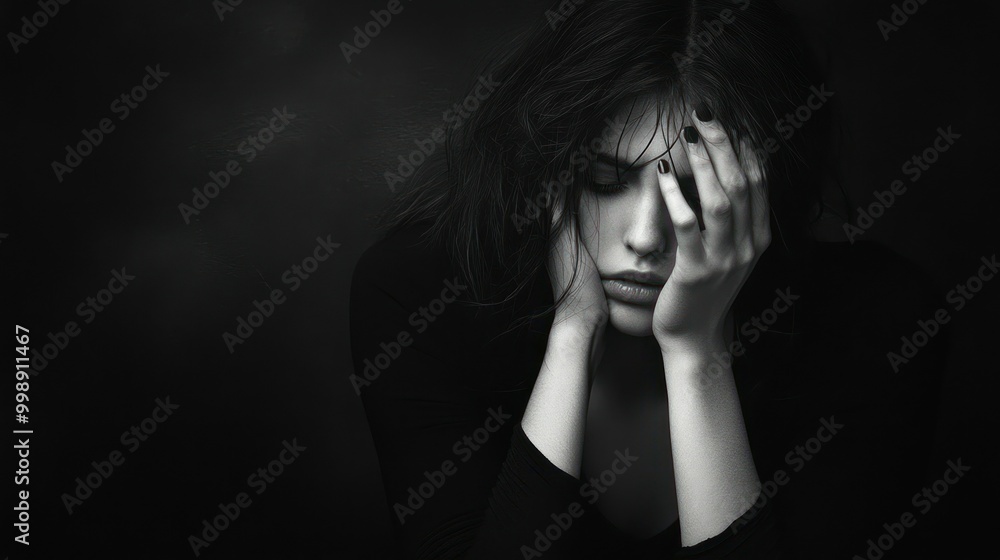 A Woman in a Black Top with Long Hair, Hands Covering Her Face A Woman in a Black Top with Long Hair, Hands Covering Her Face