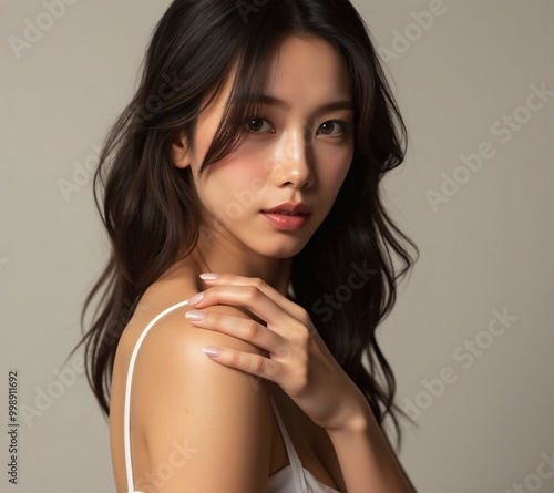 Radiant young Asian woman with glowing, natural skin tone on a clean white backdrop, Skincare regimen, beauty and wellness portrait photo