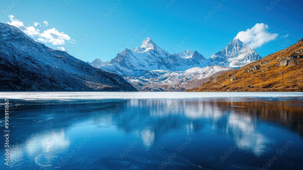 Fototapeta premium A stunning frozen mountain lake, surrounded by snow-capped peaks under a clear blue sky, creating a breathtaking winter landscape