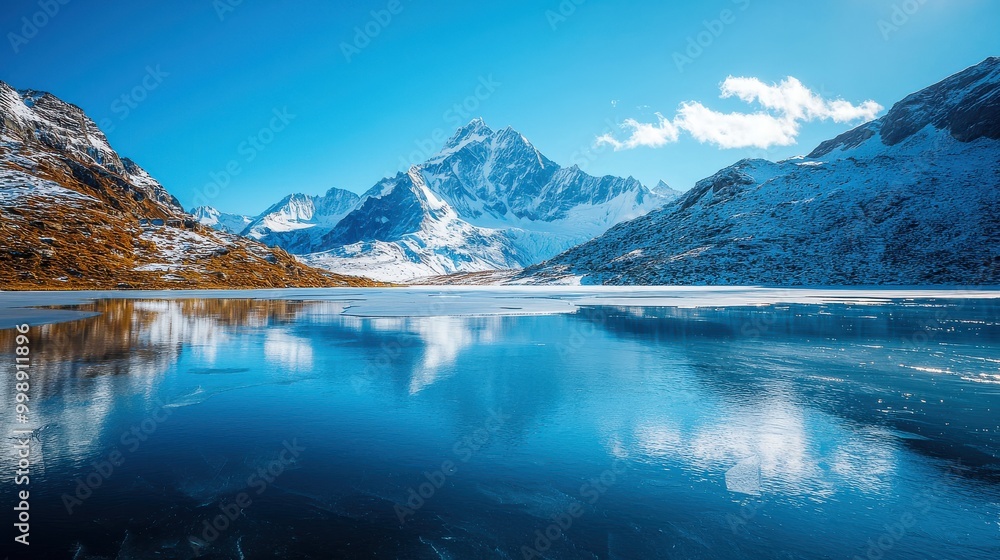 Fototapeta premium A stunning frozen mountain lake, surrounded by snow-capped peaks under a clear blue sky, creating a breathtaking winter landscape