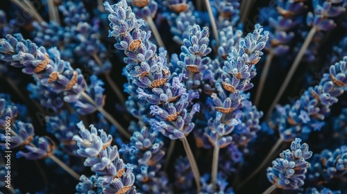   Lavender flowers zoomed in, bees buzzing above and below stems