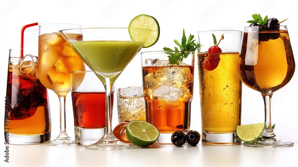 Fototapeta premium A glass array with various beverages and adorned with lime, strawberry, cherry, and lime garnishes