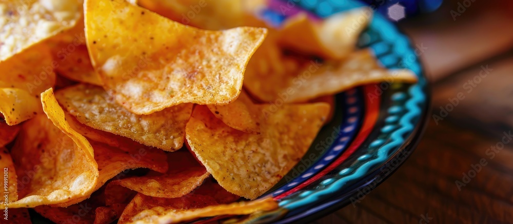 A Very Close View Of Red Chili Flavored Potato Chips On A Colorful Plate A Very Close View Of Red Chili Flavored Potato Chips On A Colorful Plate