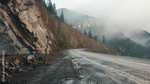 Winding mountain road carving through rugged landscape shrouded in mist, reflecting the serene beauty of a misty morning.