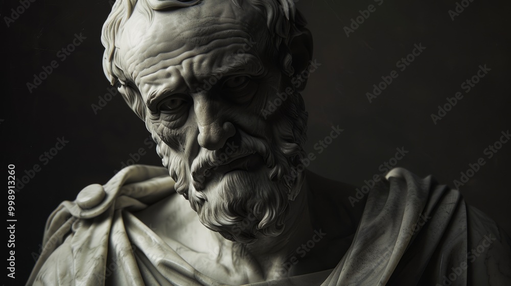 A marble bust of an elderly man with detailed facial features and a pensive expression, set against a dark background. A marble bust of an elderly man with detailed facial features and a pensive expression, set against a dark background.