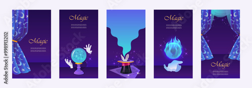 Magic set. Collection of templates for stories, flyers, posters, banners, brochures. Magic ball, curtain and wizard's hat. Vector illustration. story.