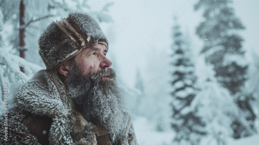 A bearded man in a fur coat gazes pensively into a snowy, forested landscape, embodying solitude and contemplation. A bearded man in a fur coat gazes pensively into a snowy, forested landscape, embodying solitude and contemplation.