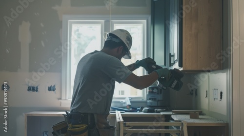 A construction worker uses a power drill to fit cabinets in a partially constructed kitchen, highlighting the precision and craftsmanship involved in home building.