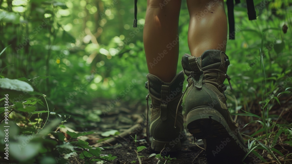 Close-up of someone walking through a lush forest, showing their worn boots trekking along the verdant path, capturing an adventurous spirit. Close-up of someone walking through a lush forest, showing their worn boots trekking along the verdant path, capturing an adventurous spirit.