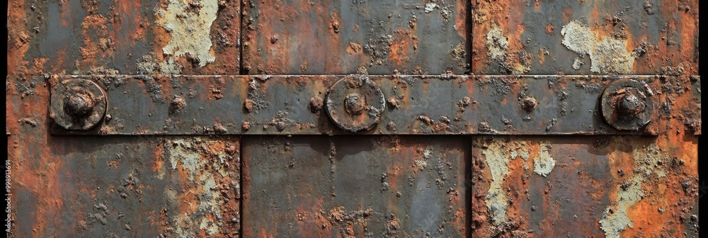 Rusted metal gate texture, with layers of corrosion and peeling paint