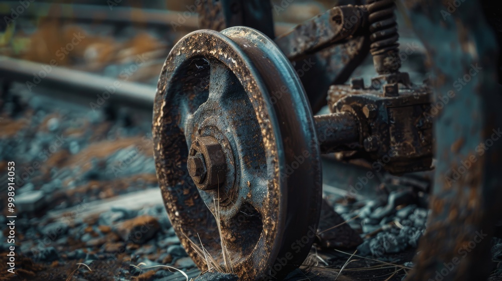 A lone wheel on a rusted axle stands in an overgrown, forgotten rail track setting, telling tales of a bygone era. A lone wheel on a rusted axle stands in an overgrown, forgotten rail track setting, telling tales of a bygone era.