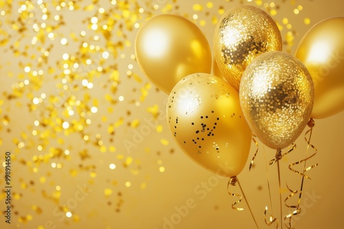 Elegant festive background featuring gold balloons and scattered golden confetti for celebrations