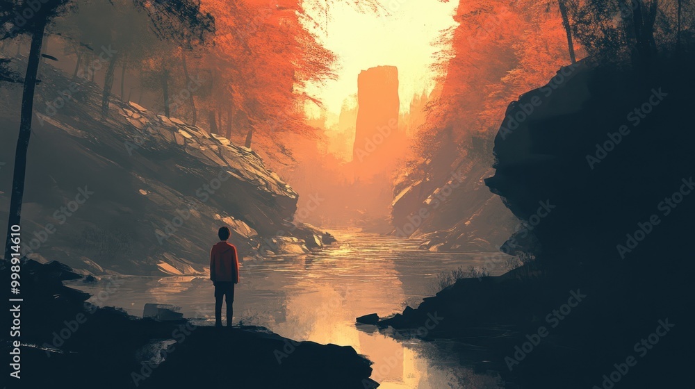 Fototapeta premium A lone figure stands on the edge of a canyon overlooking a misty river with a towering rock formation in the distance.