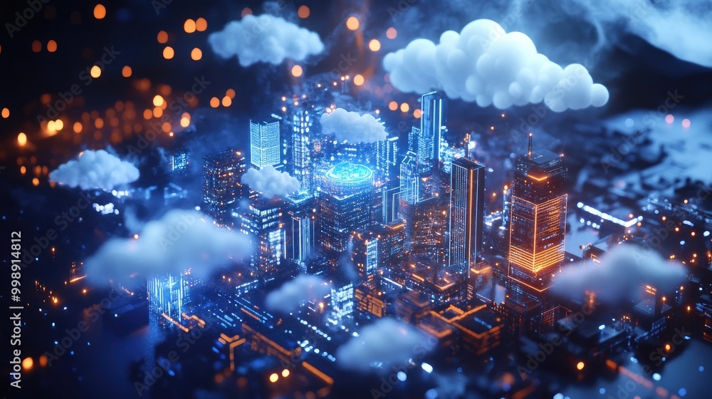 Futuristic cityscape with glowing lights and clouds, representing a technological or digital world. Futuristic cityscape with glowing lights and clouds, representing a technological or digital world.