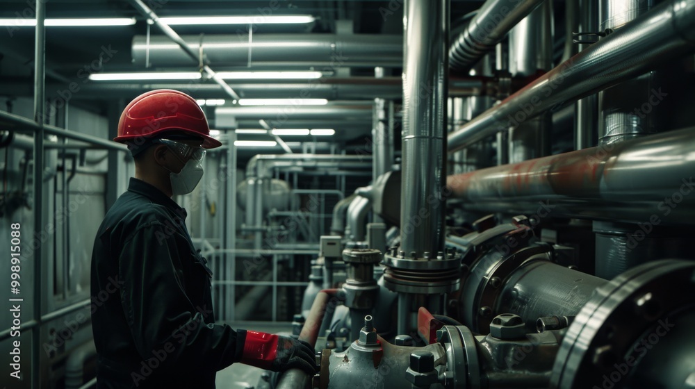 Fototapeta premium A factory worker in a hard hat and mask inspects large machinery in an industrial facility, surrounded by complex pipes and valves.