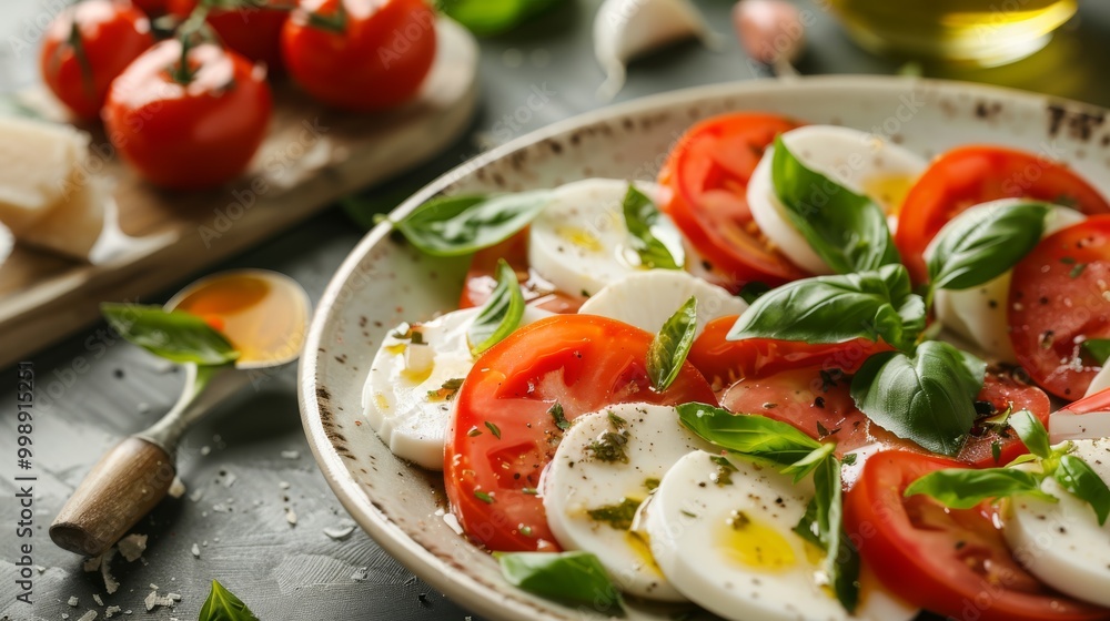 A close-up of a fresh and vibrant Caprese salad, featuring sliced tomatoes, mozzarella, basil, and a drizzle of olive oil with a rustic background. A close-up of a fresh and vibrant Caprese salad, featuring sliced tomatoes, mozzarella, basil, and a drizzle of olive oil with a rustic background.