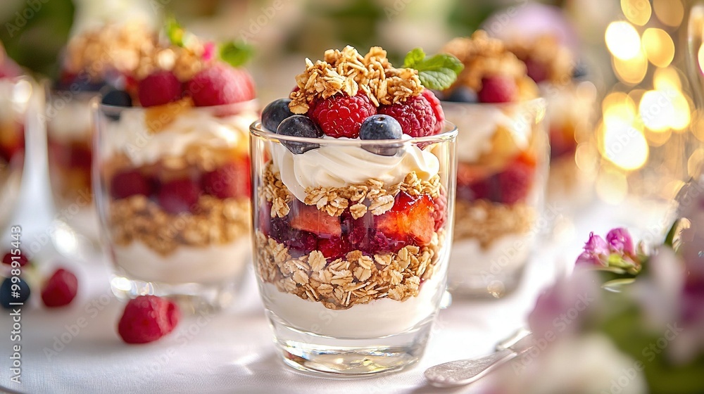 A high-resolution photo of a close-up of a dessert in a glass, topped with fresh strawberries and raspberries A high-resolution photo of a close-up of a dessert in a glass, topped with fresh strawberries and raspberries