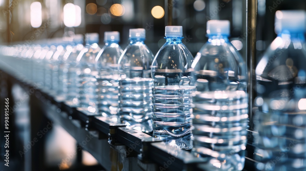 Multiple water bottles aligned on a conveyor belt in a brightly lit bottling factory, emphasizing industrial efficiency and mass production. Multiple water bottles aligned on a conveyor belt in a brightly lit bottling factory, emphasizing industrial efficiency and mass production.