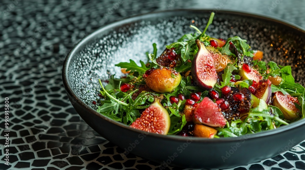 Pomegranate and fig salad with arugula, against a modern black-and-white tiled background Pomegranate and fig salad with arugula, against a modern black-and-white tiled background