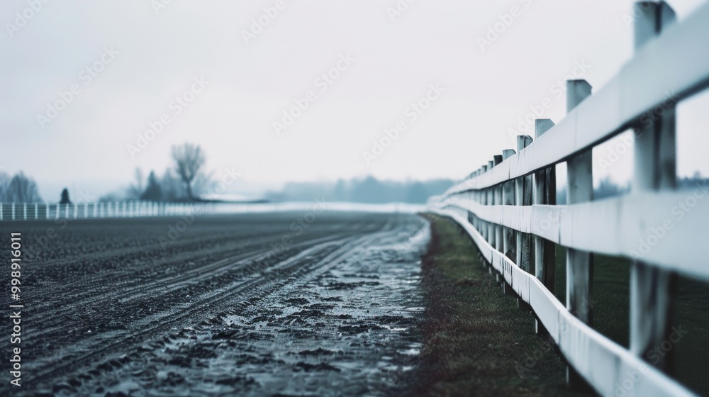 Obraz premium An empty, winding muddy road bordered by white fences, stretching towards a distant, fog-shrouded horizon - a scene of solitude.