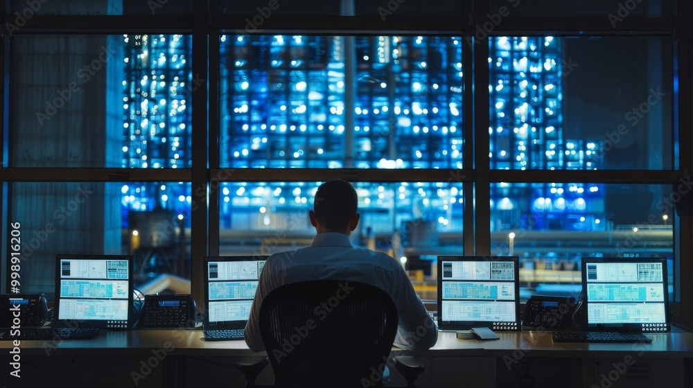 A man in a shirt sits surrounded by multiple monitors, analyzing data against a blue-lit cityscape backdrop in an office setting. A man in a shirt sits surrounded by multiple monitors, analyzing data against a blue-lit cityscape backdrop in an office setting.
