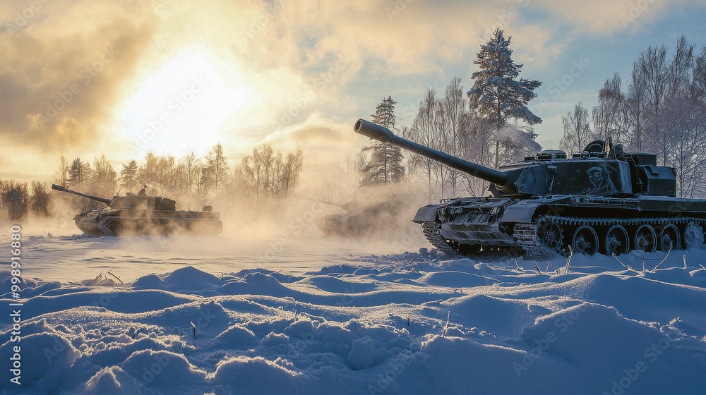 Fototapeta premium Heavy artillery vehicles stationed in a snowy battlefield, poised for long-range strikes, surrounded by a stark, wintry landscape
