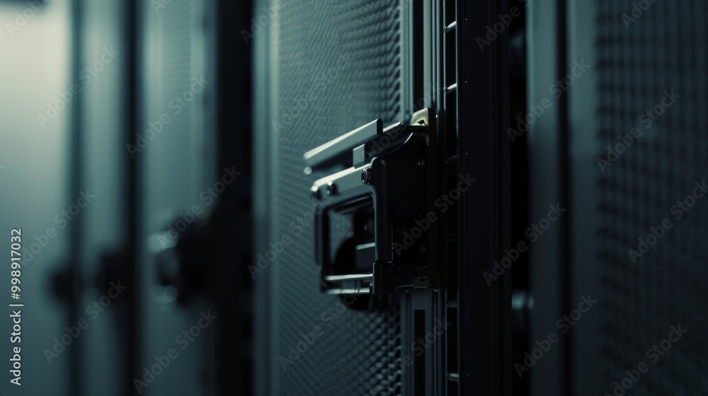 The inside of a data center with rows of servers, focusing on a handle of one, showcasing the intricate hardware and secure enclosure in dim lighting. The inside of a data center with rows of servers, focusing on a handle of one, showcasing the intricate hardware and secure enclosure in dim lighting.