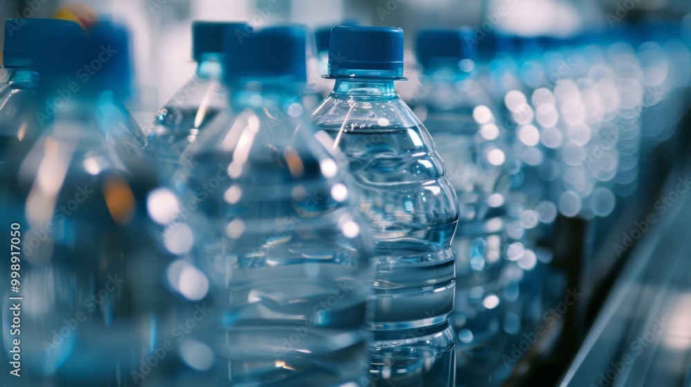 Close-up of water bottles on an assembly line with a bokeh effect, conveying the essence of precision and industrial production. Close-up of water bottles on an assembly line with a bokeh effect, conveying the essence of precision and industrial production.