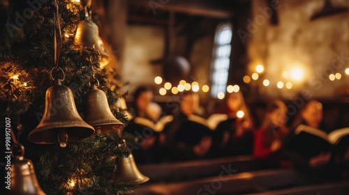 Christmas Bells Hanging on a Tree with Blurry People Singing in the Background