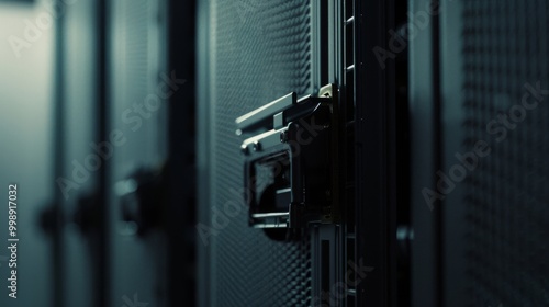 The inside of a data center with rows of servers, focusing on a handle of one, showcasing the intricate hardware and secure enclosure in dim lighting. photo