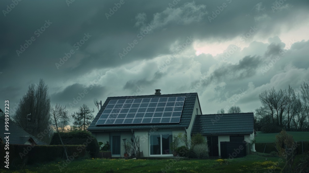 A modern house with a solar panel array on its roof, nestled beneath a turbulent, stormy sky in a lush, green landscape. A modern house with a solar panel array on its roof, nestled beneath a turbulent, stormy sky in a lush, green landscape.