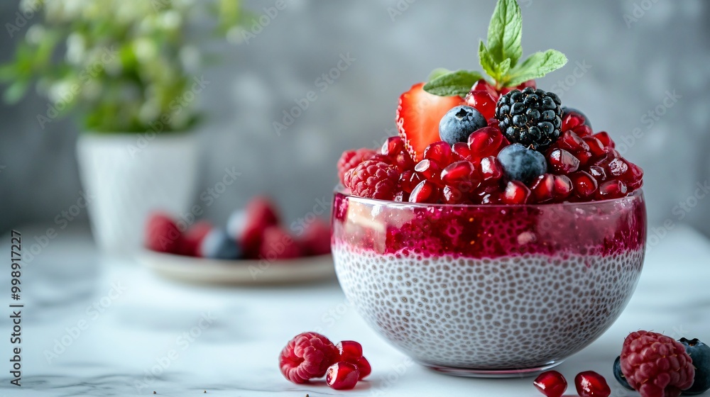 Pomegranate chia seed pudding with berries, against a light and airy kitchen background